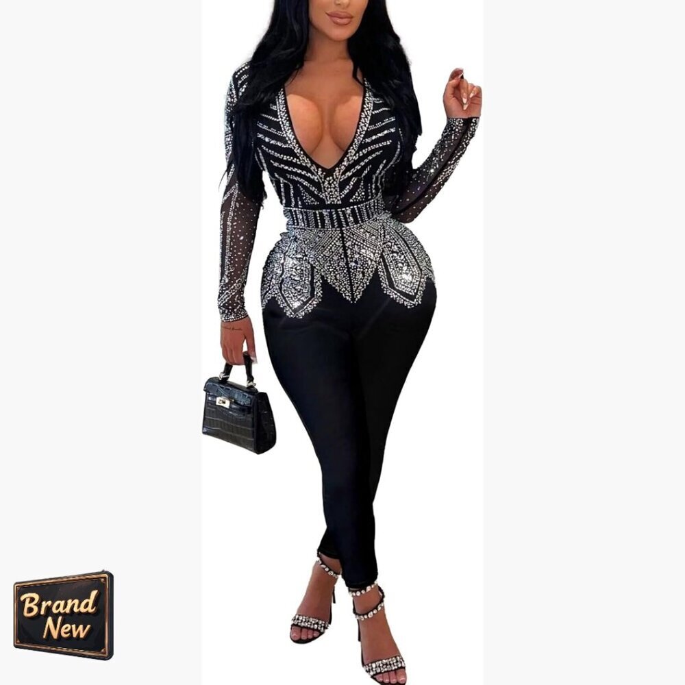 Rhinestone Bodycon Jumpsuit Deep V-Neck Club Night Party Wear